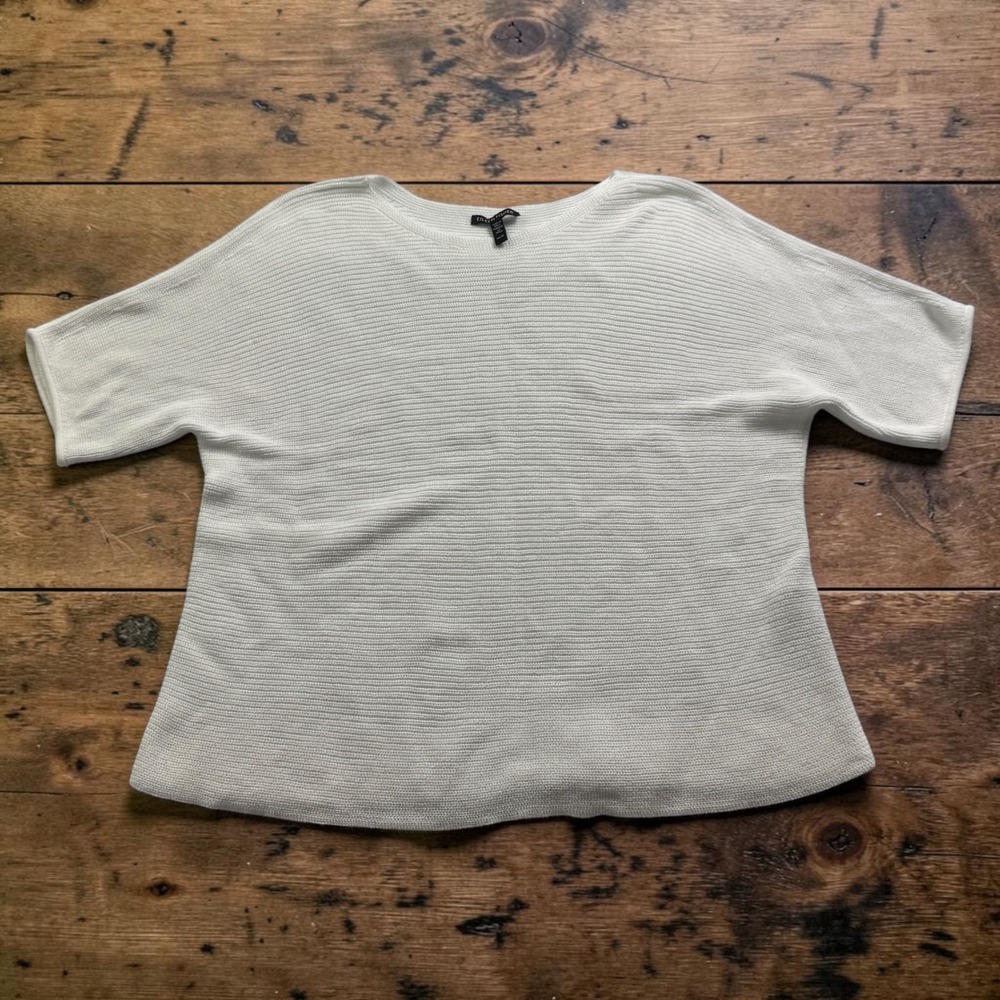 Eileen Fisher White Organic Cotton Ribbed Knit Boxy Top Short Sleeve XS F23